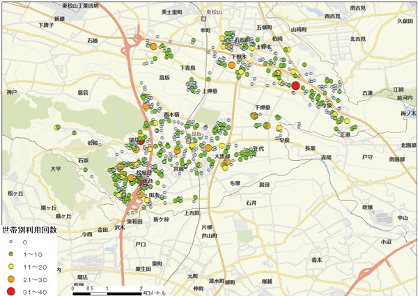 デマンド交通サービスの利用者の動きを可視化　画面図