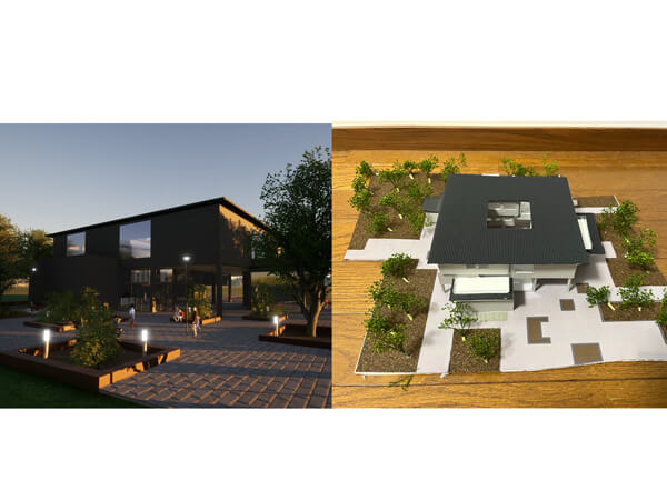 「建築設計製図」で制作した模型（右）と３Dパース（左）